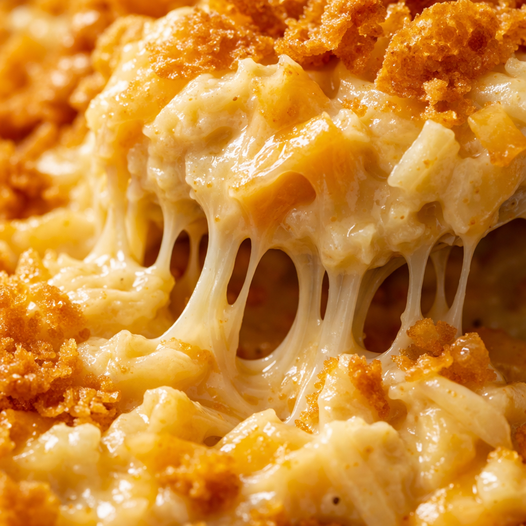 Shredded potatoes mixed with creamy cheese sauce and topped with golden-brown cornflake crust in a glass baking dish.